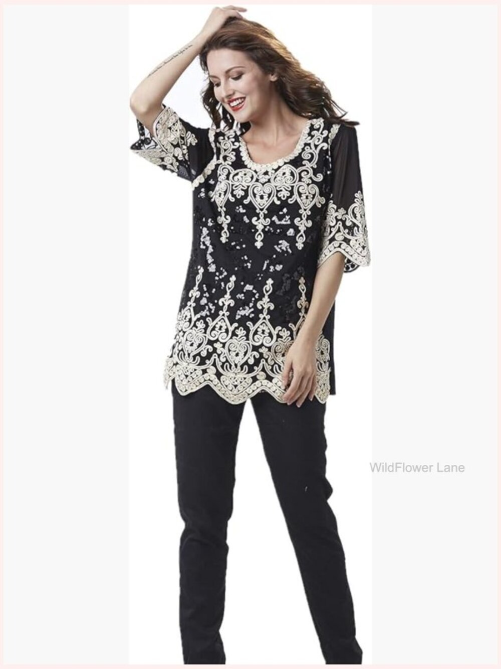 Elbow Sleeve Scoop Neck Sheer Crochet Accent Sequin Tunic Top